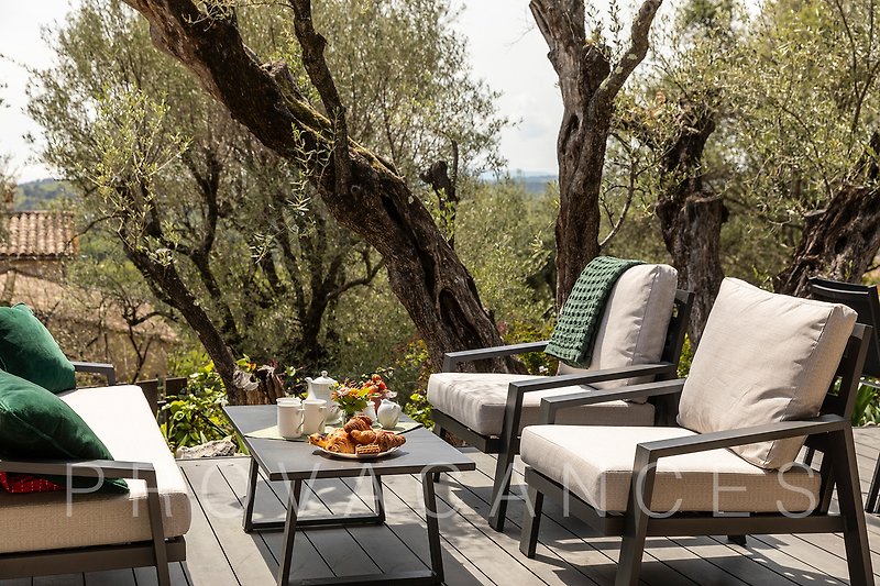 Stilvolle Terrasse mit bequemen Möbeln und Pflanzen.