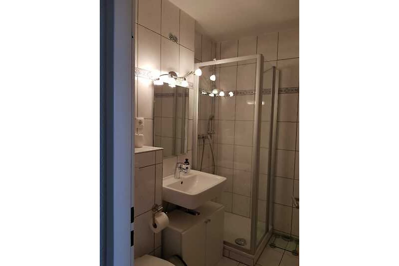 Modernes Badezimmer mit Spiegel, Waschbecken und Dusche