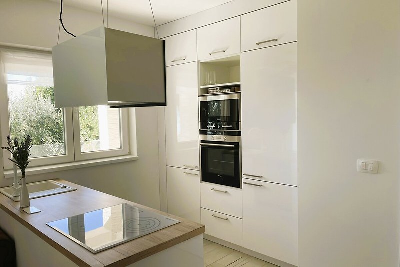 Moderne Küche mit Holz- und Aluminiumdetails.