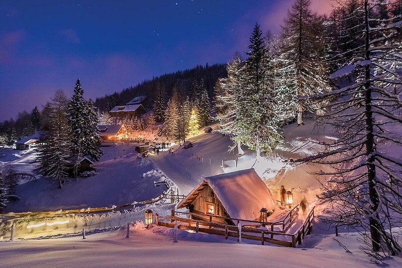 Winterlandschaft mit verschneiten Bergen, Tannen und Hütte. Natürliche Schönheit!