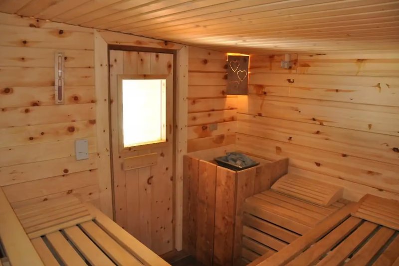 Holzhaus mit Sauna, Dachfenster und Holzbalken. Naturverbunden.