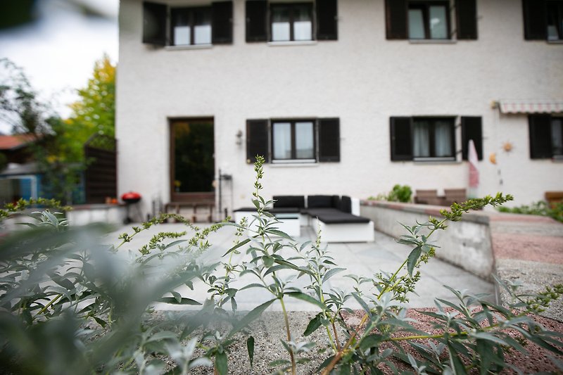 Stilvolle Fassade mit grünem Garten und urbanem Design.