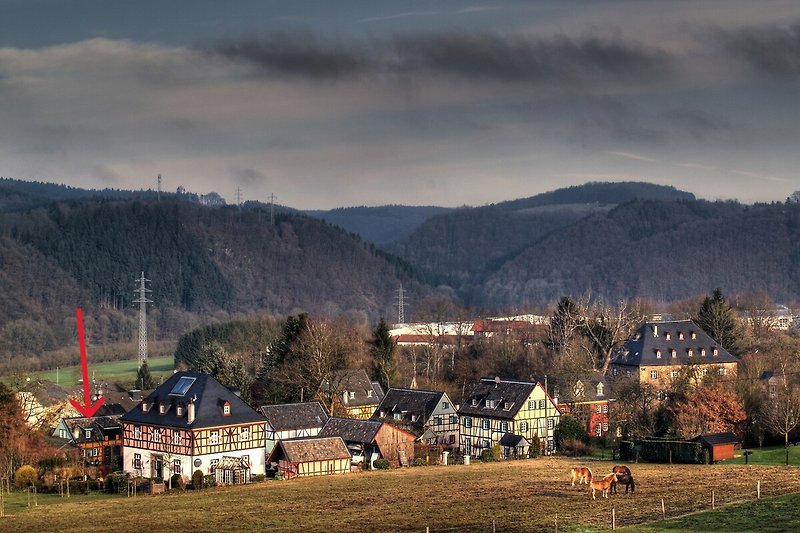 Blick auf Berge, grüne Wiesen und Dorf.