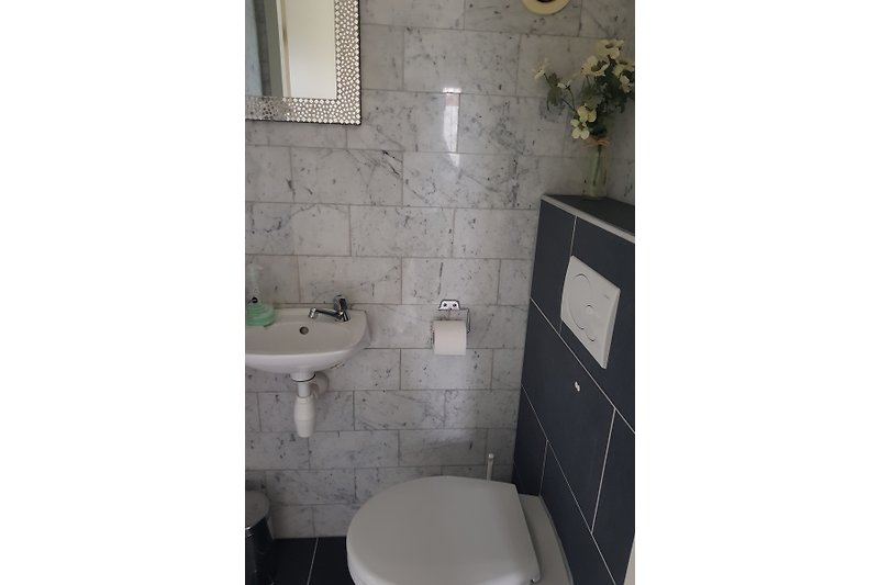 Ein marmorgefliestes Gäste-WC liegt ebenfall im Erdgeschoss