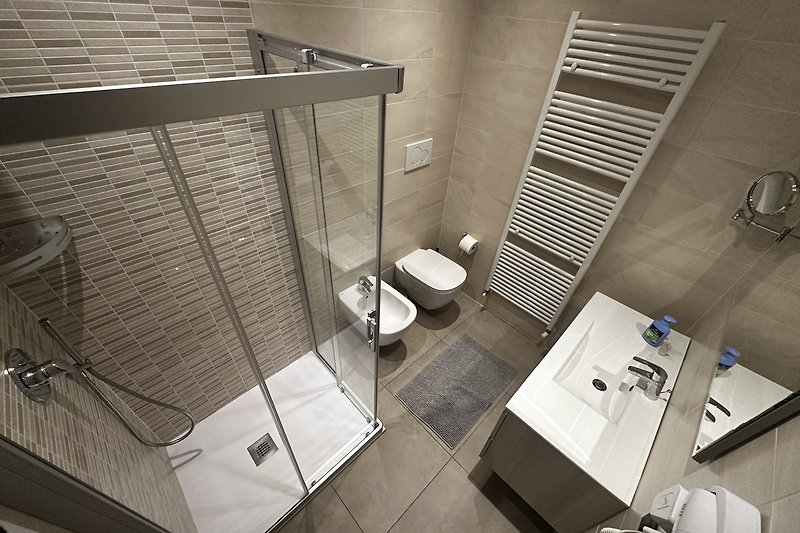 Modernes Badezimmer mit Glasdusche, Spiegel und Aluminiumarmaturen.