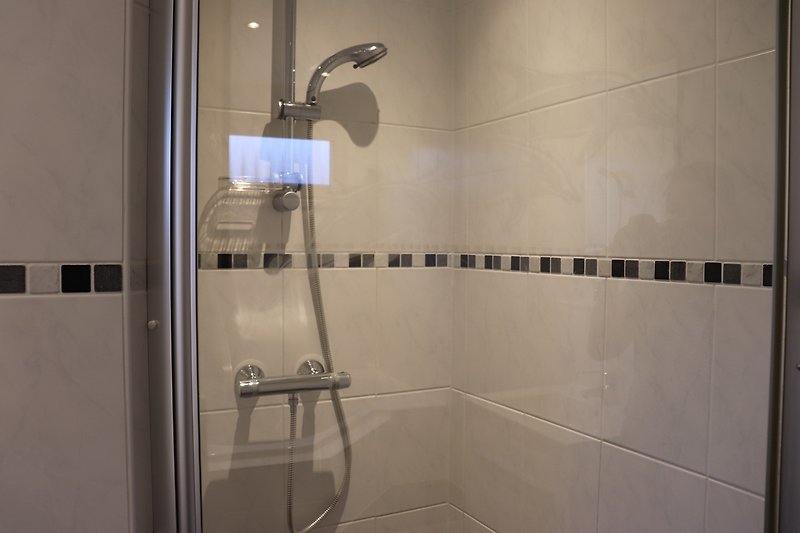 Modernes Badezimmer mit Glasdusche und Aluminiumdetails.