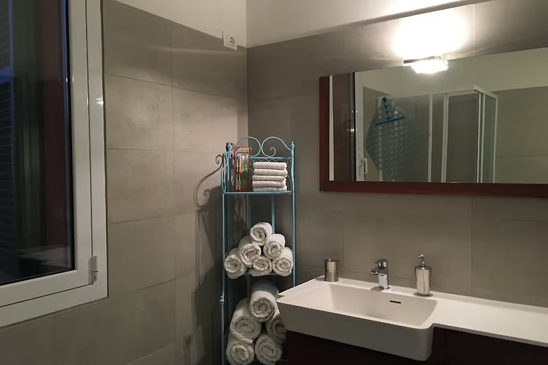 Badezimmer mit Spiegel, Waschbecken,Dusche, Bd, Toilette, Waschmaschine und Fenster