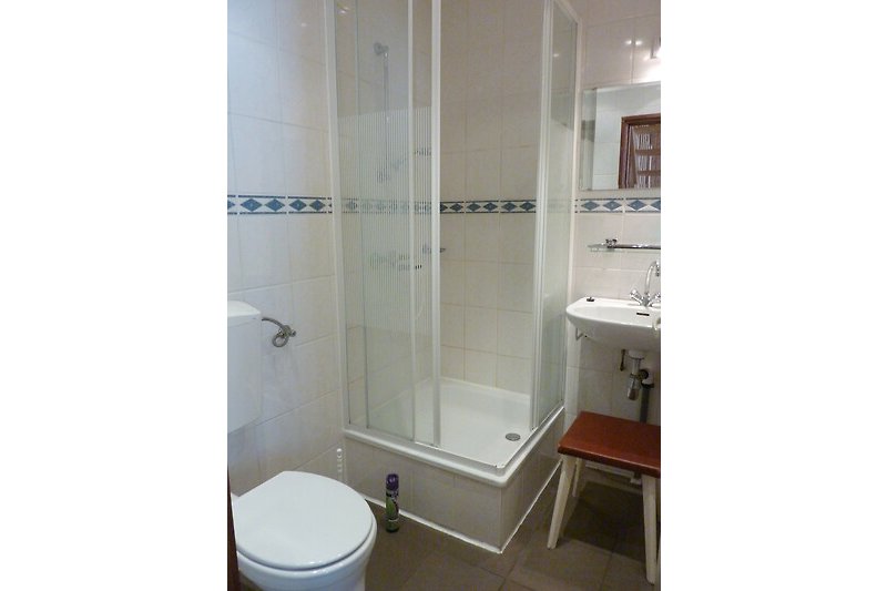 Modernes Badezimmer mit Spiegel, Waschbecken und Toilette.