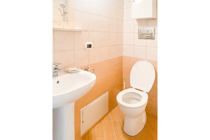 Modernes Badezimmer mit stilvoller Ausstattung und Keramikwaschbecken.