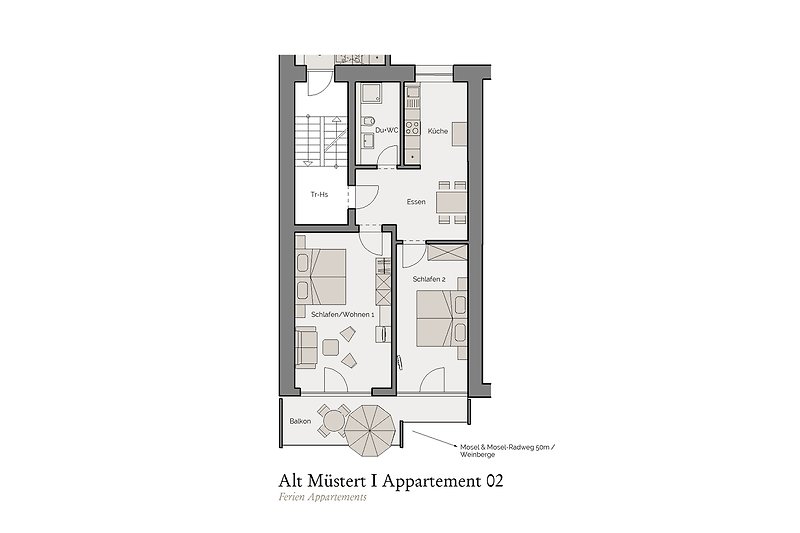 Appartement 02 - 2-4 Personen - Balkon mit Mosel-/Weinbergsblick - Mosel 50m