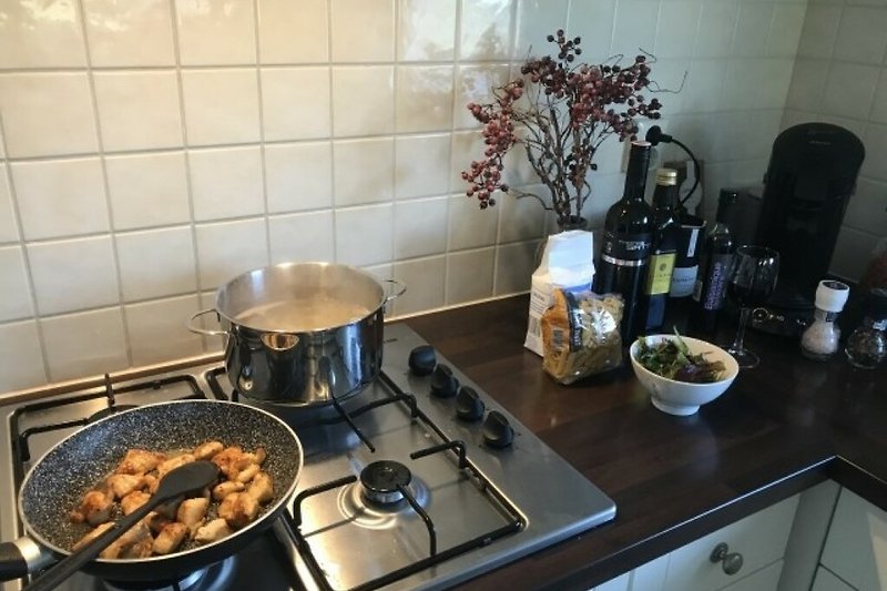 Moderne Küche mit Gasherd, Kochutensilien und Pflanze.