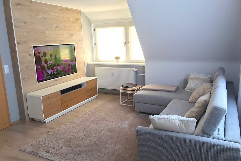 Blick ins Wohnzimmer mit TV-Wand und großer, hochwertiger Schlafcouch