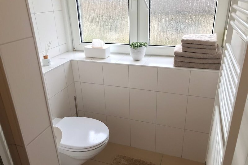 Modernes Badezimmer mit Fenster, Pflanze und Toilette.
