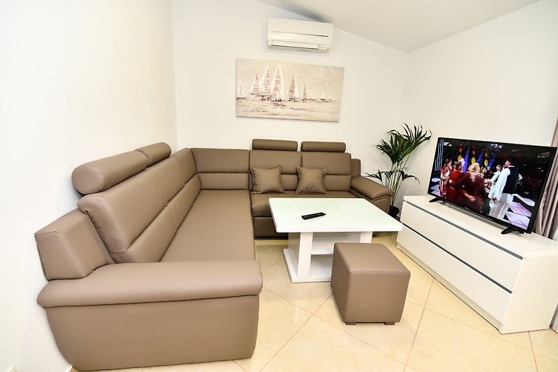Stilvolles Wohnzimmer mit bequemer Couch, Fernseher und Pflanze.