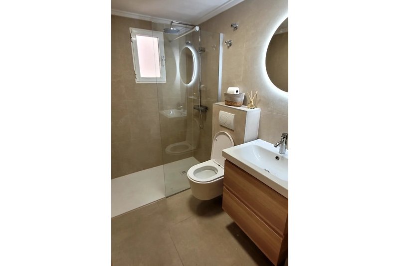 Gerenoveerde luxe badkamer met inloopdouche, toilet en wastafel.