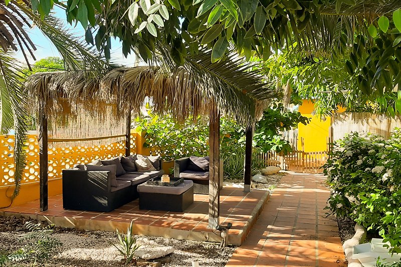 Tropischer Garten mit Palmen und Außenmöbeln.