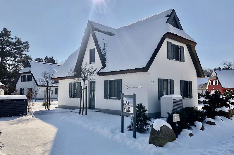Winterliches Ferienhaus mit Schnee und frostigem Baum.