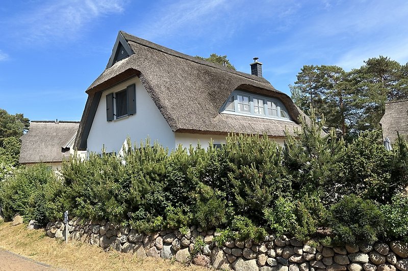 Ländliches Ferienhaus mit thatched roof und grünem Garten.