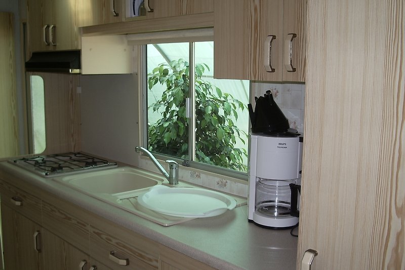 Küche mit Spüle, Schränken, Fenster und Geräten.