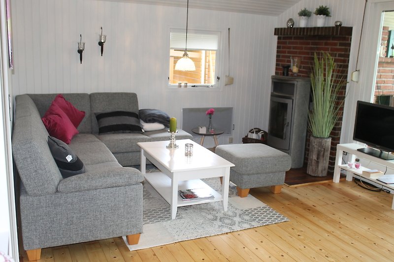 Wohnzimmer mit bequemer Couch, modernem Design und Fernseher.