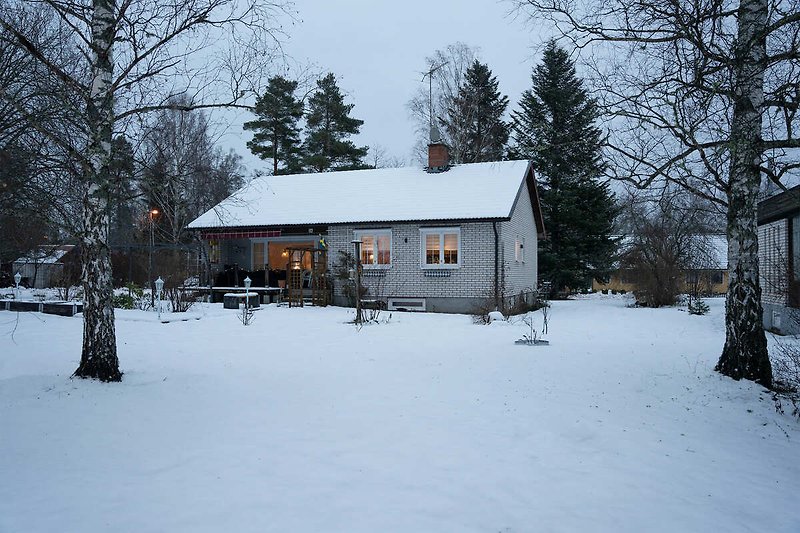 Winterlandschaft mit Haus, Bäumen und Frost.