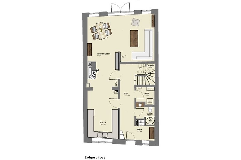 Bevor es ins Haus geht hier der Grundriss zur Orientierung: Wohn/ Essbereich/ Küche/ Gäste-WC/ HWR