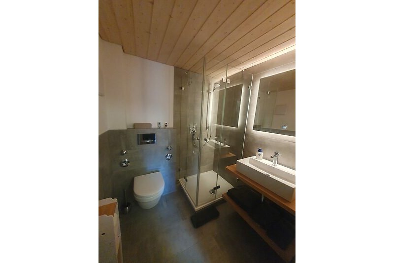 Modernes Badezimmer mit Holzakzenten, stilvoller Einrichtung und Tageslicht.