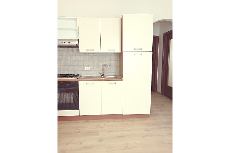 Moderne Küche mit Holz, Schränken, Spüle und Kühlschrank.