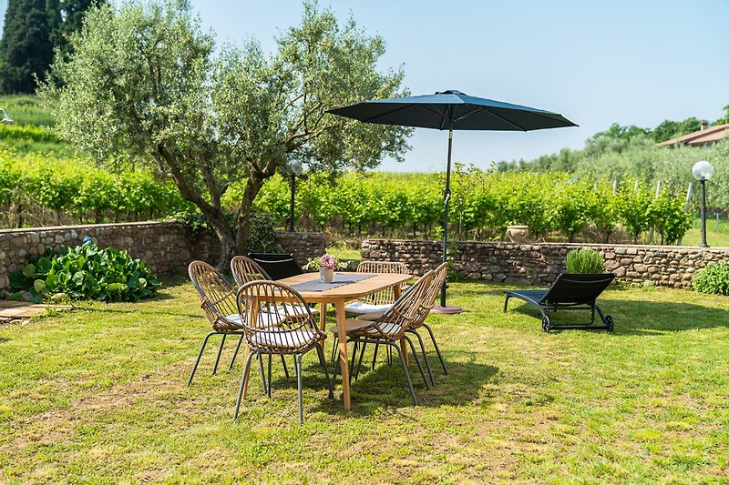 Garten mit Tisch, Stühlen, Sonnenschirm und Pflanzen.