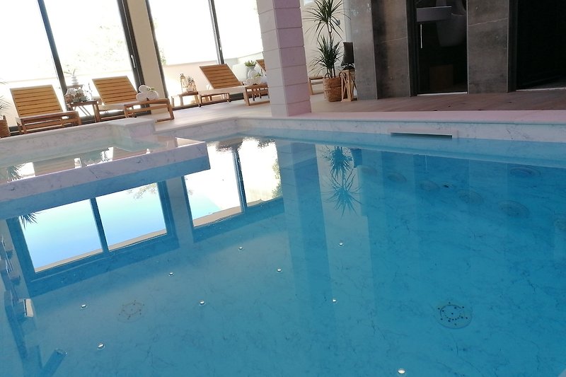 Rechteckiger Pool mit Glasfassade, Palmen und Sonnenschirmen.
