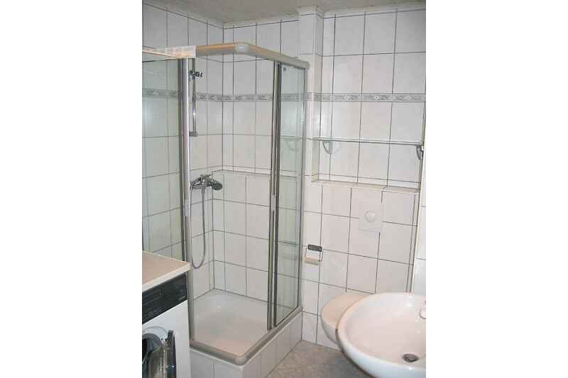 Badezimmer mit Dusche und Glasduschtür., Waschbecken, Toilette und Waschmaschine