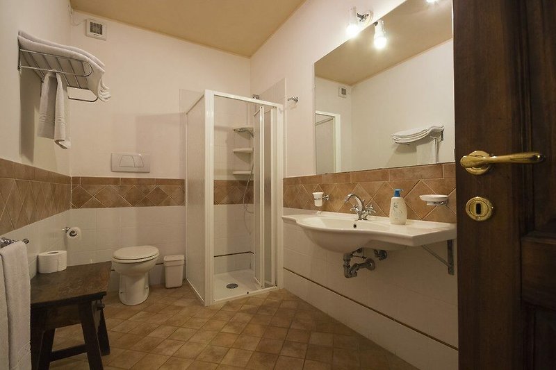 Modernes Badezimmer mit Spiegel, Waschbecken und Dusche.