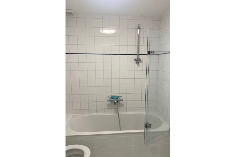 Onze badkamer is basic, maar voorzien van een bad, douche, toilet en wastafel met grote spiegel.