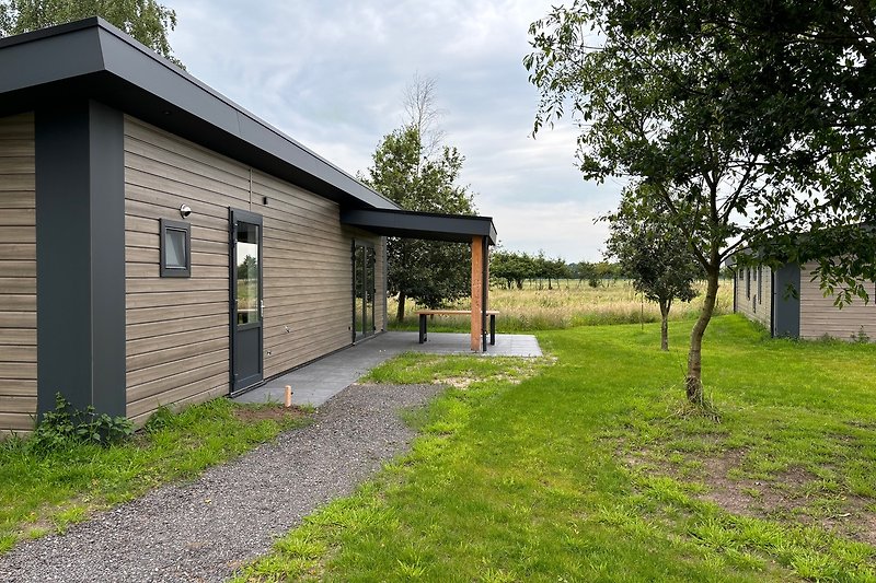 Grüner Garten mit Bäumen, Haus und blauer Himmel.