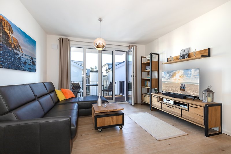 Modernes Wohnzimmer mit TV, BluRay-Player, Radio und Zugang zum Balkon.