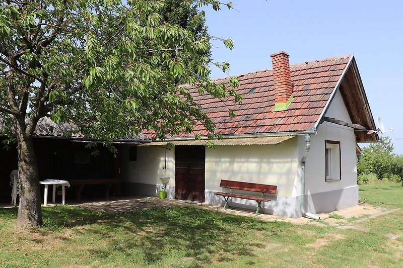 Charmantes Haus mit Garten, Bäumen und schöner Landschaft.