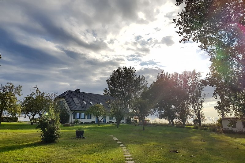 Blick Haus am Spykersee , Wiese und Hügeln im Abendlicht.