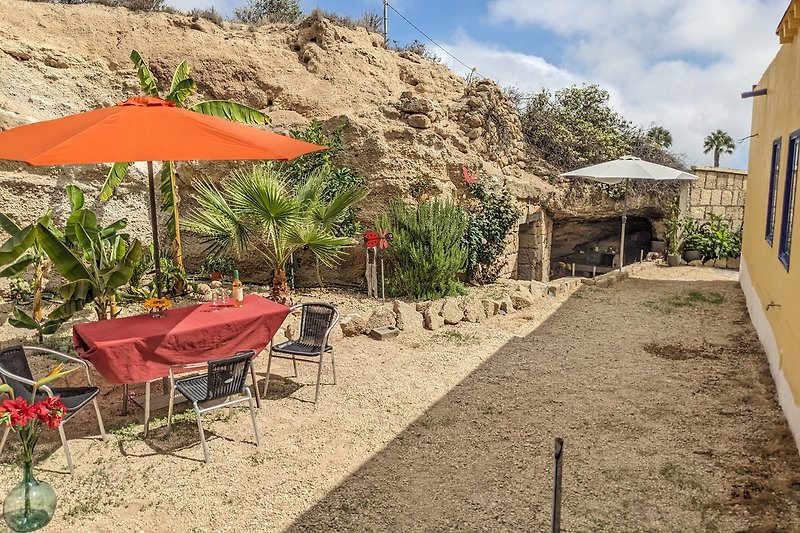 Tropischer Garten mit Palmen, Tisch und Stühlen unter Sonnenschirm.