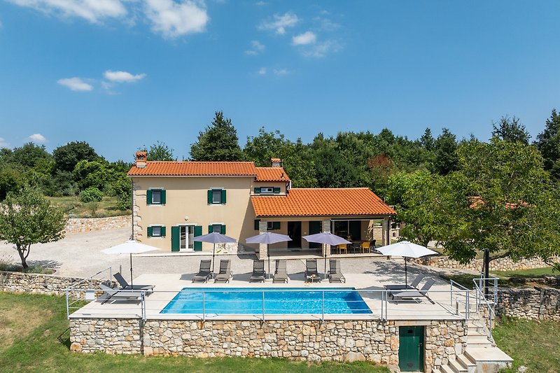 Luxuriöser Poolbereich mit Sonnenliegen und üppiger Gartenlandschaft.