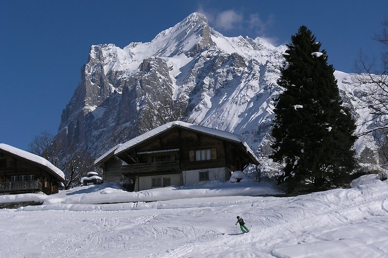 Front-Ansicht des Chalets an der Skipiste. Wetterhorn (3690m) im Hintergrund.