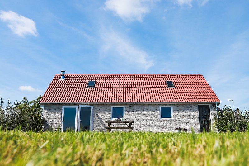 Ländliches Haus mit grüner Wiese und blühenden Wildblumen.