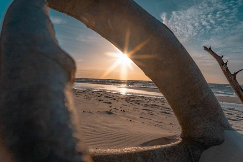 Sonnenuntergang am Strand mit leuchtendem Himmel und Meer.