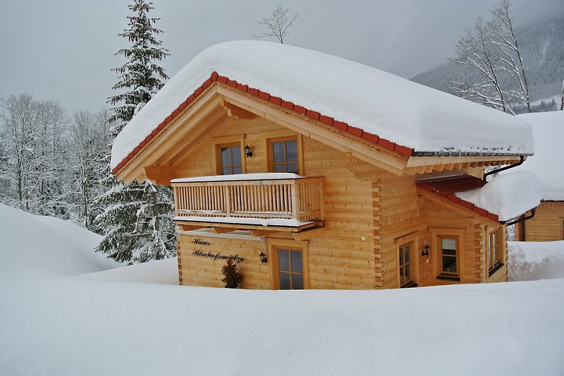 Winterliche Hütte im Schnee mit traditionellem Dach.