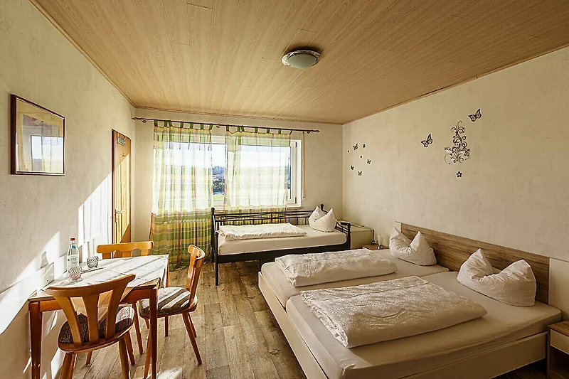 Helles Schlafzimmer mit Holzmöbeln, Doppelbett und Zimmerpflanze.