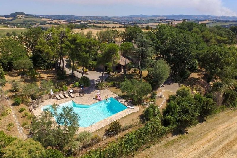 Privater Rückzugsort mit Pool, Sonnenliegen und üppiger Landschaft.