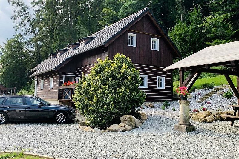 Gemütliches Blockhaus mit Einfahrt, umgeben von Nadelbäumen.