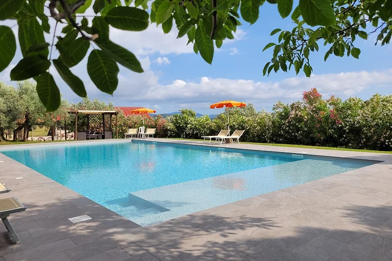 Entspannen Sie am Pool mit Sonnenliegen und Palmen im tropischen Garten.