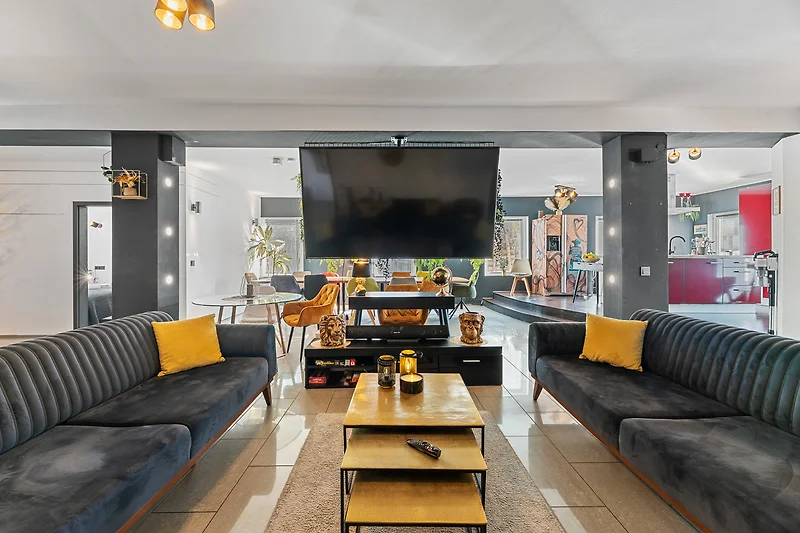 Lichtdurchfluteter Raum mit Sofa, Sessel, TV, Tisch und Dekoration.