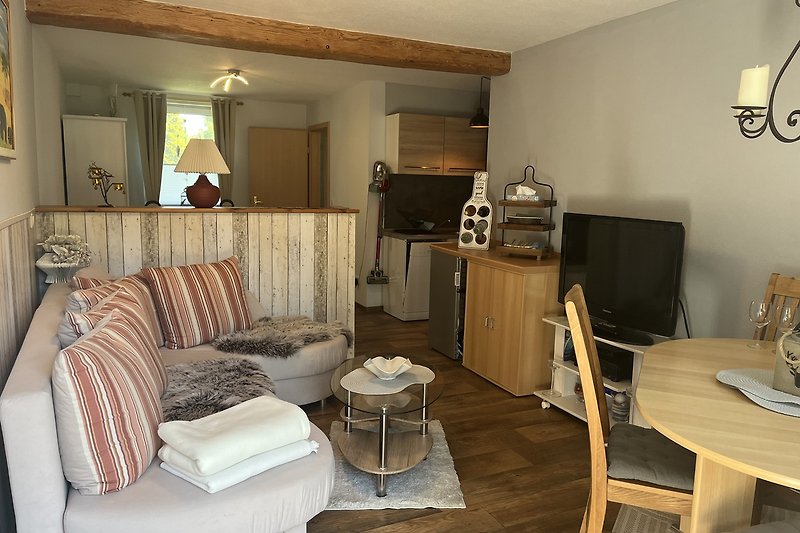 Holzinterieur mit Sofa, Kaffeetisch und Pflanzen.