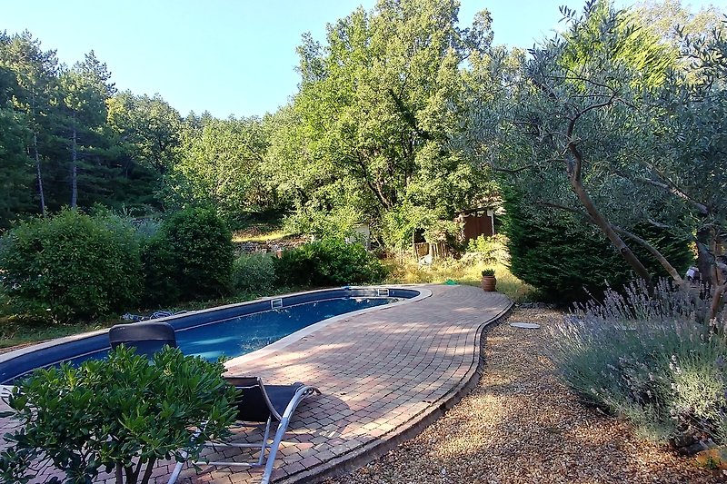 Garten mit Pool, schattiger Rasenfläche und Wasserlauf.